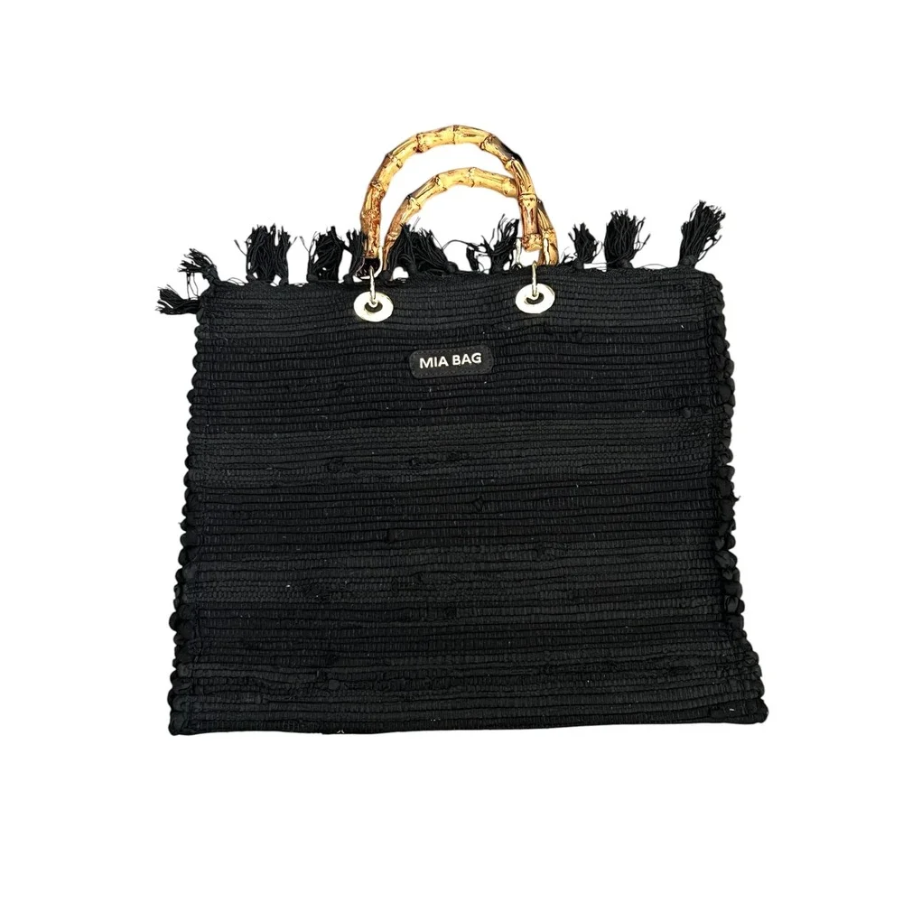 Mia Gypsy Bag Black Woven Tote Fringed Bamboo Handle Boho Handbag